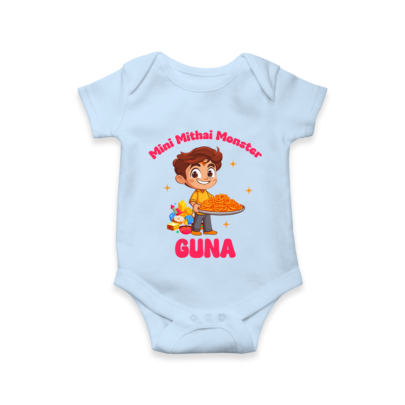 Mini Mithai Monster Romper | Custom Baby Romper for Festival Fun - BABY BLUE - New Born (Chest 14")