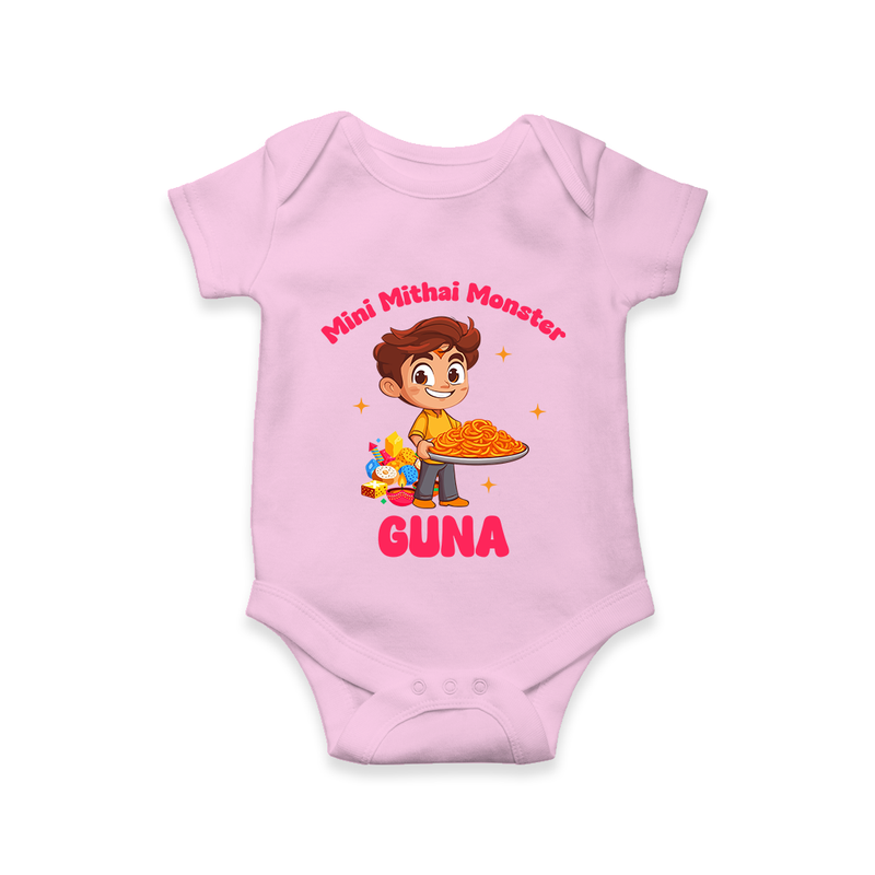 Mini Mithai Monster Romper | Custom Baby Romper for Festival Fun - BABY PINK - New Born (Chest 14")