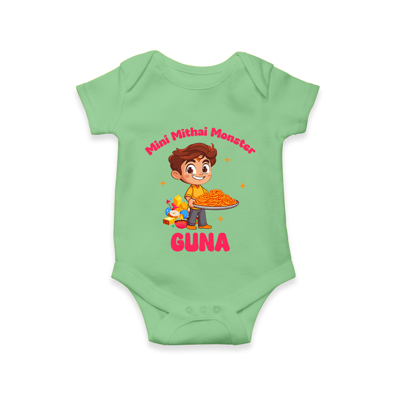 Mini Mithai Monster Romper | Custom Baby Romper for Festival Fun - GREEN - New Born (Chest 14")