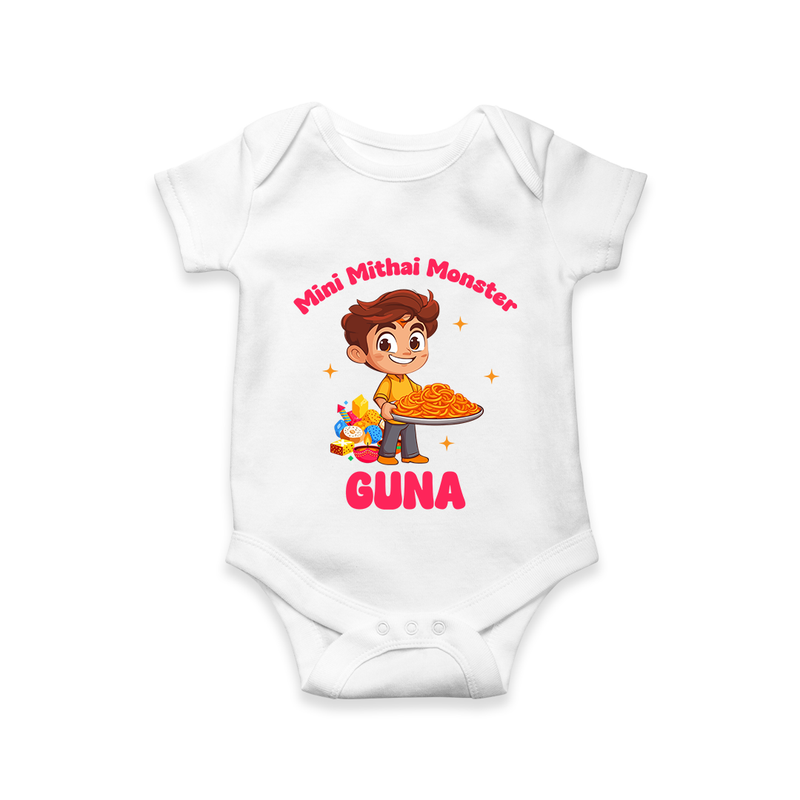 Mini Mithai Monster Romper | Custom Baby Romper for Festival Fun - WHITE - New Born (Chest 14")