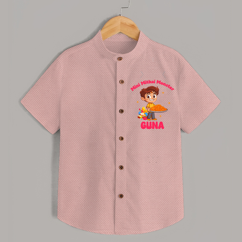 Mini Mithai Monster Shirt | Custom Baby Shirt for Festival Fun - PEACH - 0 - 6 Months Old (Chest 23")