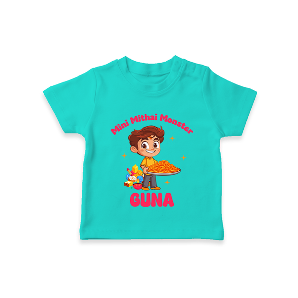 Mini Mithai Monster Tshirt | Custom Baby Tshirt for Festival Fun - TEAL - 0-5 Months Old (Chest 17")