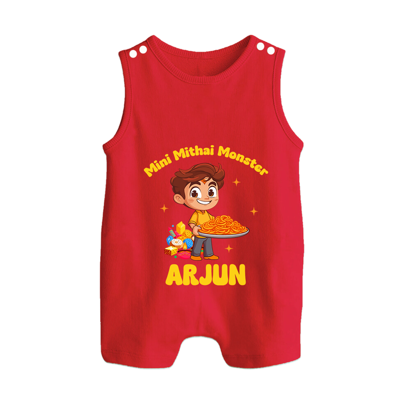 Mini Mithai Monster Romper Suit | Custom Baby Romper Suit for Festival Fun - RED - 0 - 5 Months Old (Chest 18")