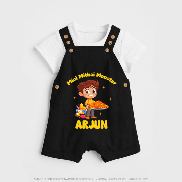 Mini Mithai Monster Dungaree Set | Custom Baby Dungaree Set for Festival Fun - BLACK - 0 - 5 Months Old (Chest 18")