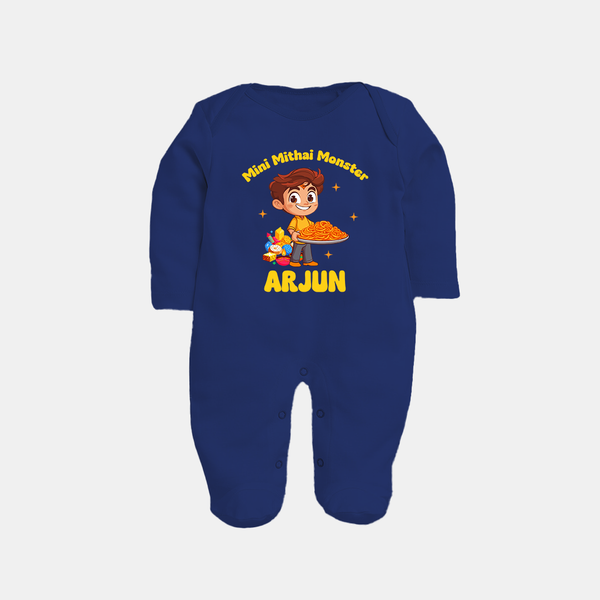 Mini Mithai Monster Sleep suit | Custom Baby Sleep suit for Festival Fun - NAVY BLUE - New Born (Chest 7.5")