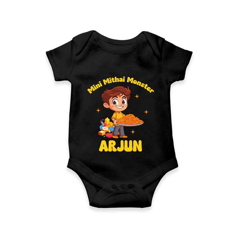 Mini Mithai Monster Romper | Custom Baby Romper for Festival Fun - BLACK - New Born (Chest 14")