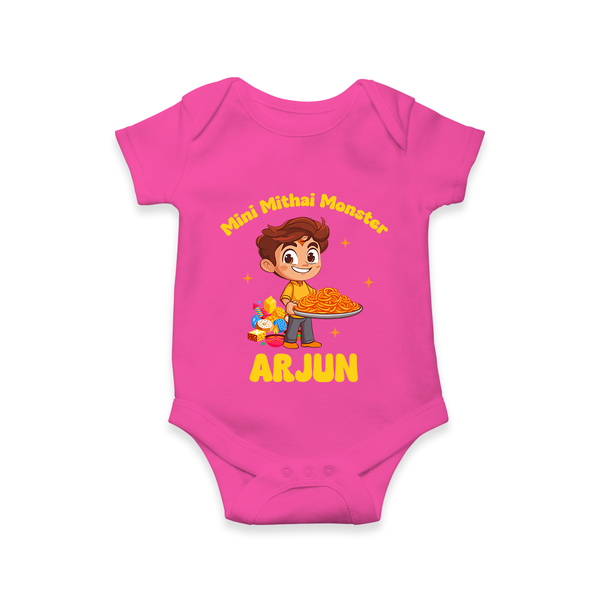 Mini Mithai Monster Romper | Custom Baby Romper for Festival Fun - HOT PINK - New Born (Chest 14")