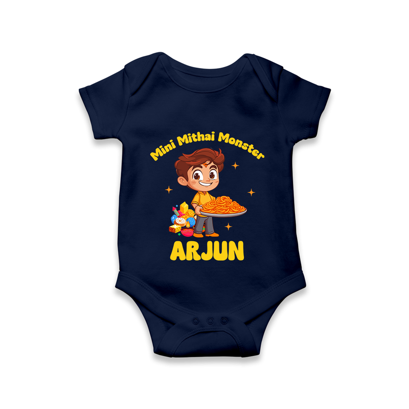 Mini Mithai Monster Romper | Custom Baby Romper for Festival Fun - NAVY BLUE - New Born (Chest 14")