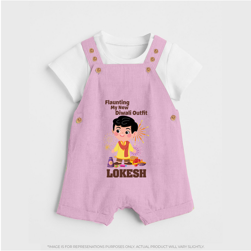 Flaunting My New Diwali Outfit Dungaree Set | Personalized Baby Festival Dungaree Set - BABY PINK - 0 - 5 Months Old (Chest 18")