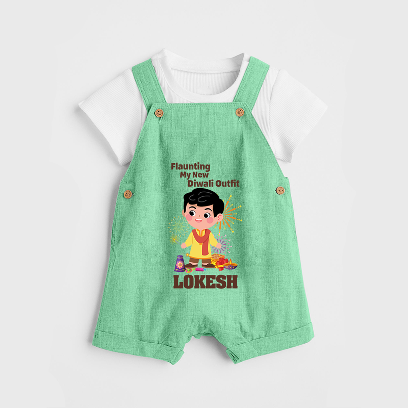 Flaunting My New Diwali Outfit Dungaree Set | Personalized Baby Festival Dungaree Set - GREEN - 0 - 5 Months Old (Chest 18")