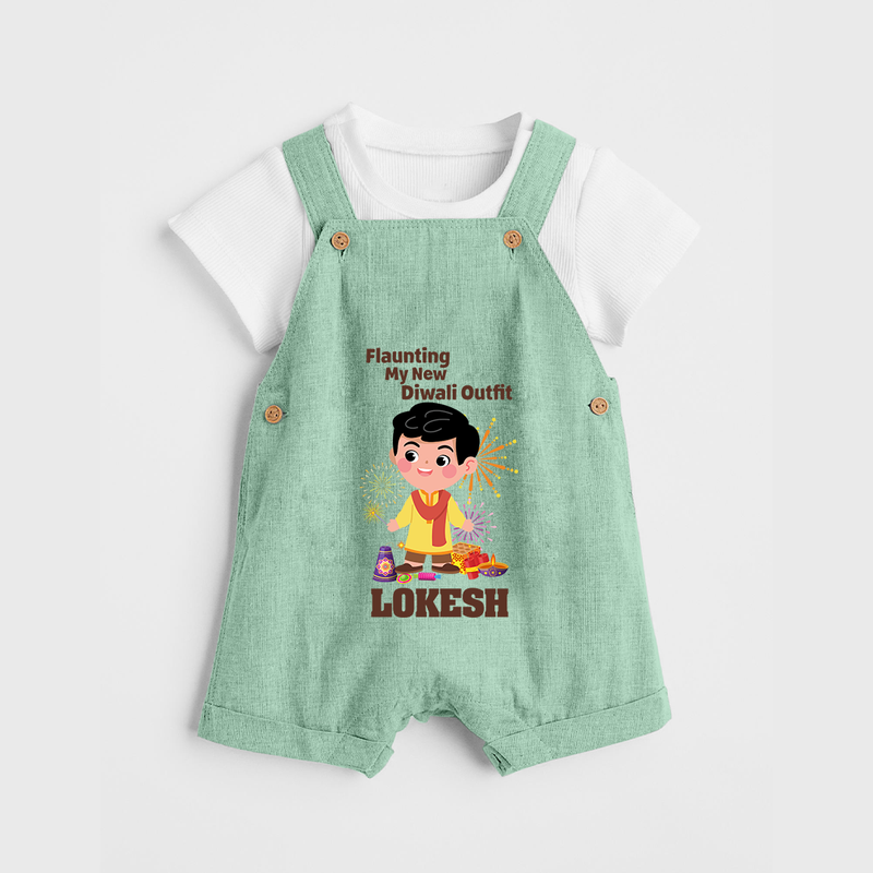 Flaunting My New Diwali Outfit Dungaree Set | Personalized Baby Festival Dungaree Set - MINT GREEN - 0 - 5 Months Old (Chest 18")