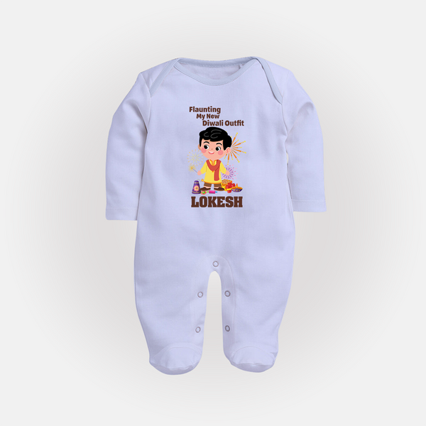 Flaunting My New Diwali Outfit Sleep suit | Personalized Baby Festival Sleep suit - BABY BLUE - New Born (Chest 7.5")