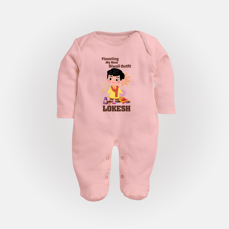 Flaunting My New Diwali Outfit Sleep suit | Personalized Baby Festival Sleep suit - BABY PINK - New Born (Chest 7.5")