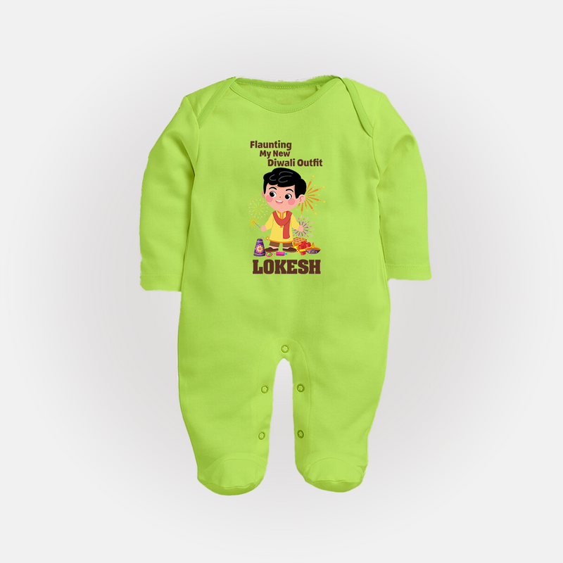 Flaunting My New Diwali Outfit Sleep suit | Personalized Baby Festival Sleep suit - LIME GREEN - New Born (Chest 7.5")