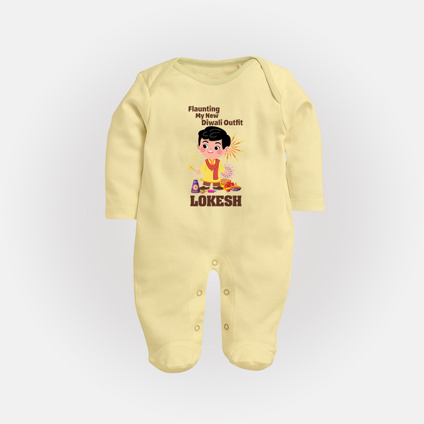 Flaunting My New Diwali Outfit Sleep suit | Personalized Baby Festival Sleep suit - PASTEL YELLOW - New Born (Chest 7.5")