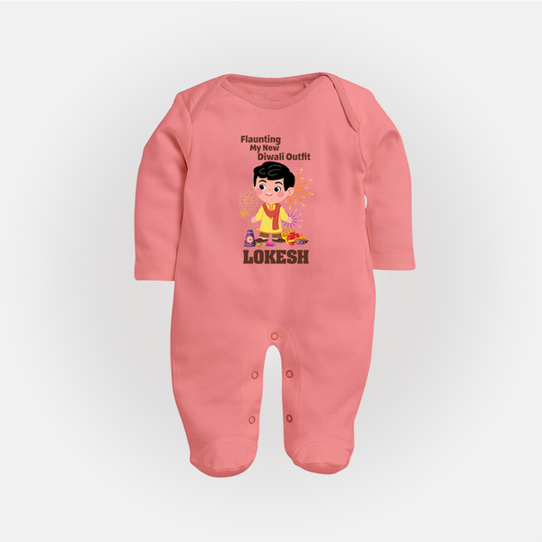 Flaunting My New Diwali Outfit Sleep suit | Personalized Baby Festival Sleep suit - PEACH - New Born (Chest 7.5")