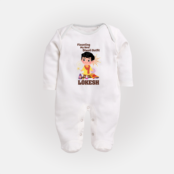 Flaunting My New Diwali Outfit Sleep suit | Personalized Baby Festival Sleep suit - WHITE - New Born (Chest 7.5")