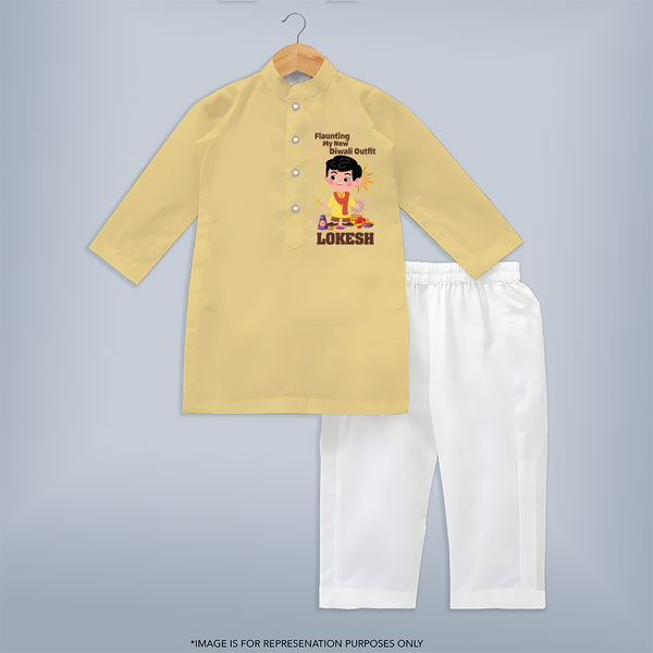 Flaunting My New Diwali Outfit Kurta set | Personalized Baby Festival Kurta set - PASTEL YELLOW - 3 - 6 Months Old (Chest 24", Kurta Length 14'', Waist 19", Pant Length 14")