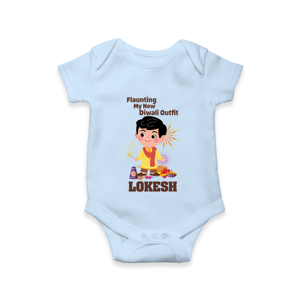 Flaunting My New Diwali Outfit Romper | Personalized Baby Festival Romper - BABY BLUE - New Born (Chest 14")