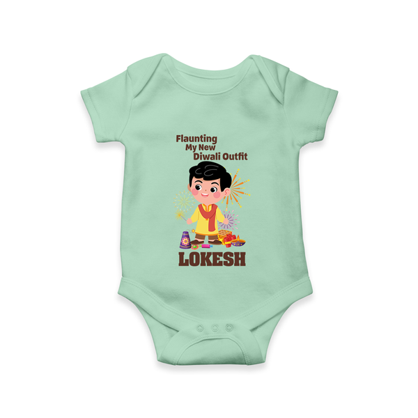 Flaunting My New Diwali Outfit Romper | Personalized Baby Festival Romper - MINT GREEN - New Born (Chest 14")