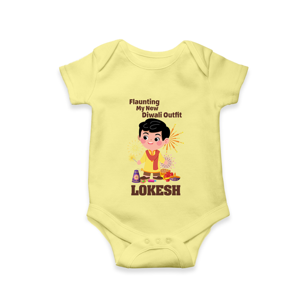 Flaunting My New Diwali Outfit Romper | Personalized Baby Festival Romper - PASTEL YELLOW - New Born (Chest 14")