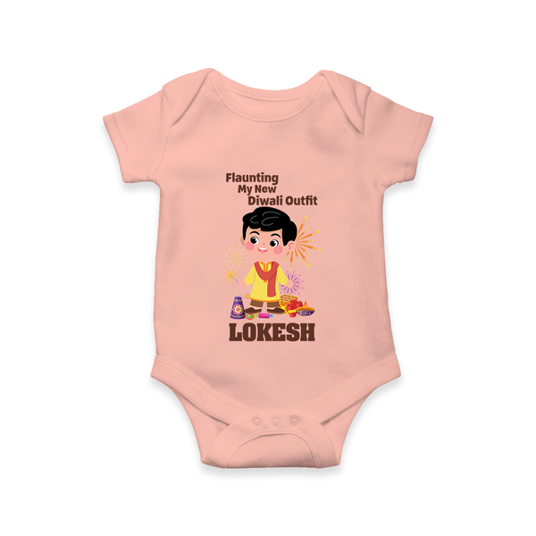 Flaunting My New Diwali Outfit Romper | Personalized Baby Festival Romper - PEACH - New Born (Chest 14")