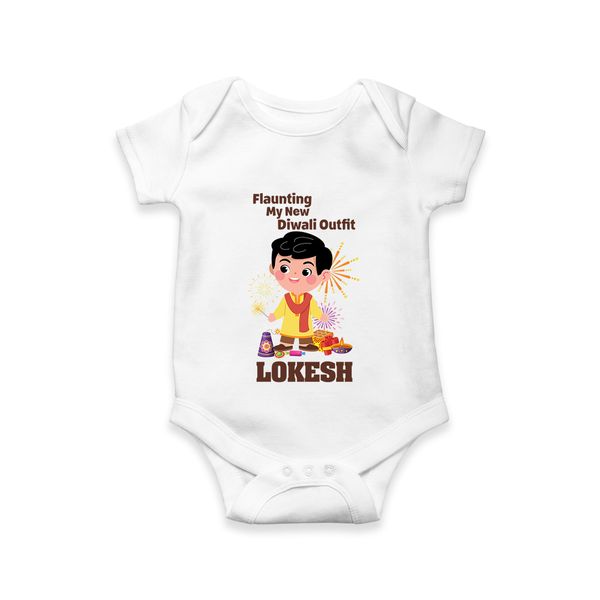 Flaunting My New Diwali Outfit Romper | Personalized Baby Festival Romper - WHITE - New Born (Chest 14")