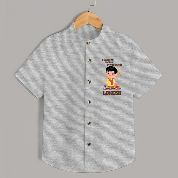 Flaunting My New Diwali Outfit Shirt | Personalized Baby Festival Shirt - GREY - 0 - 6 Months Old (Chest 23")