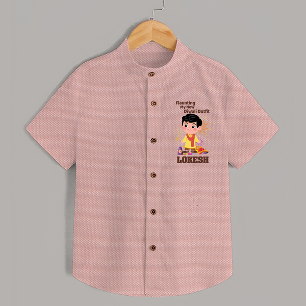 Flaunting My New Diwali Outfit Shirt | Personalized Baby Festival Shirt - PEACH - 0 - 6 Months Old (Chest 23")