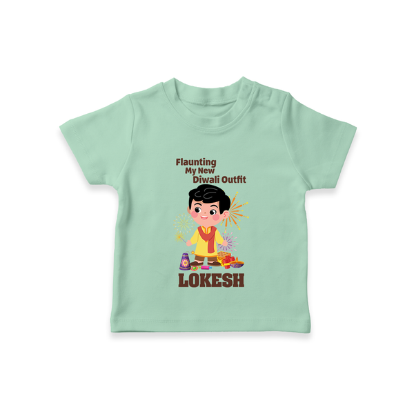 Flaunting My New Diwali Outfit Tshirt | Personalized Baby Festival Tshirt - MINT GREEN - 0-5 Months Old (Chest 17")