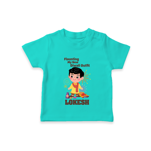 Flaunting My New Diwali Outfit Tshirt | Personalized Baby Festival Tshirt - TEAL - 0-5 Months Old (Chest 17")