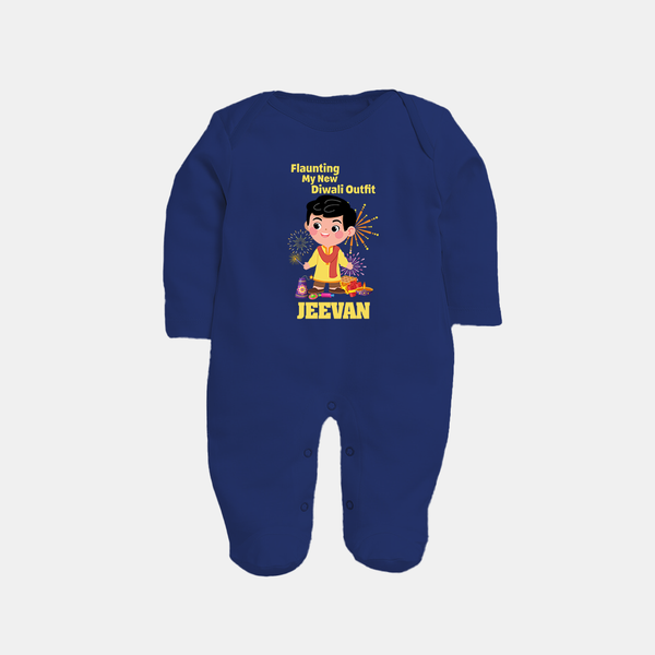 Flaunting My New Diwali Outfit Sleep suit | Personalized Baby Festival Sleep suit - NAVY BLUE - New Born (Chest 7.5")