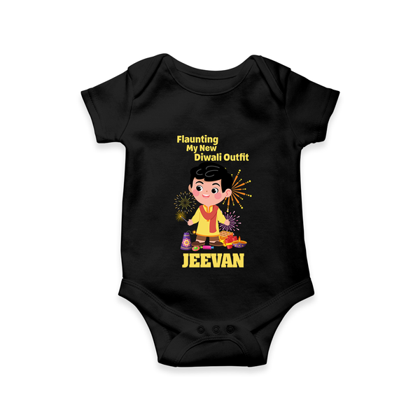 Flaunting My New Diwali Outfit Romper | Personalized Baby Festival Romper - BLACK - New Born (Chest 14")