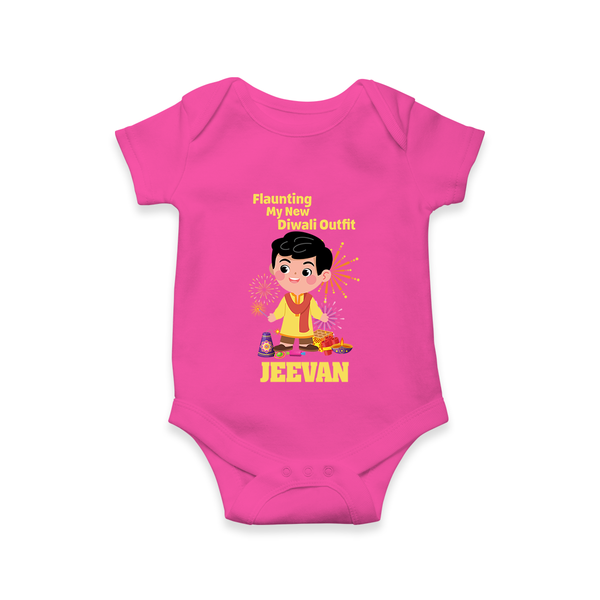 Flaunting My New Diwali Outfit Romper | Personalized Baby Festival Romper - HOT PINK - New Born (Chest 14")