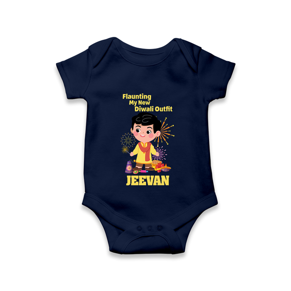 Flaunting My New Diwali Outfit Romper | Personalized Baby Festival Romper - NAVY BLUE - New Born (Chest 14")
