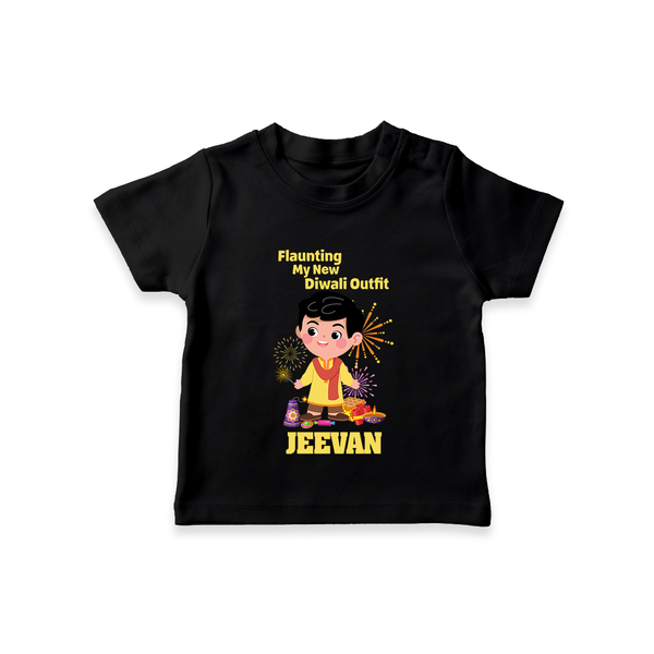 Flaunting My New Diwali Outfit Tshirt | Personalized Baby Festival Tshirt - BLACK - 0-5 Months Old (Chest 17")