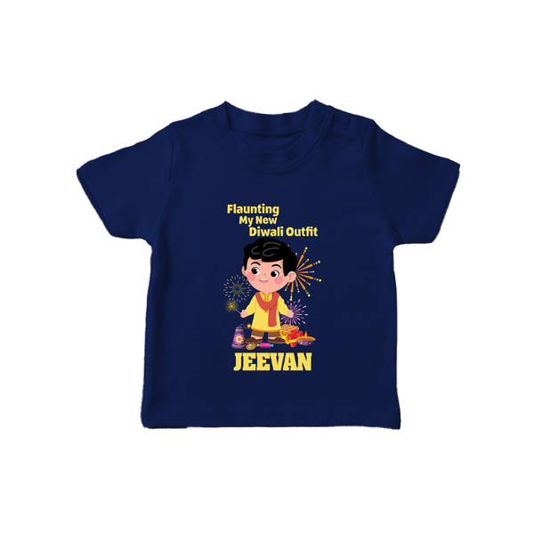 Flaunting My New Diwali Outfit Tshirt | Personalized Baby Festival Tshirt - NAVY BLUE - 0-5 Months Old (Chest 17")