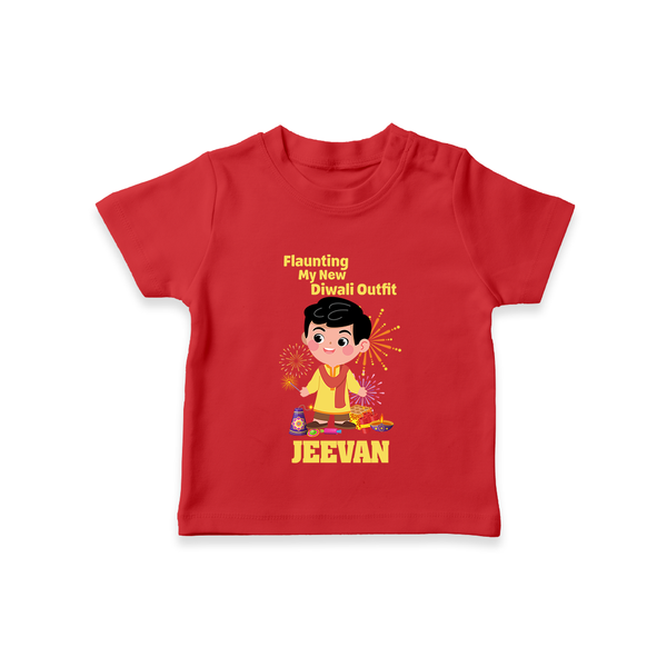 Flaunting My New Diwali Outfit Tshirt | Personalized Baby Festival Tshirt - RED - 0-5 Months Old (Chest 17")