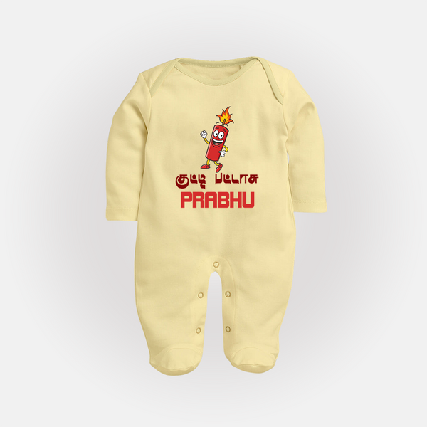 Kutty Pattas Sleep suit | Custom Baby Sleep suit for Diwali Celebration - PASTEL YELLOW - New Born (Chest 7.5")