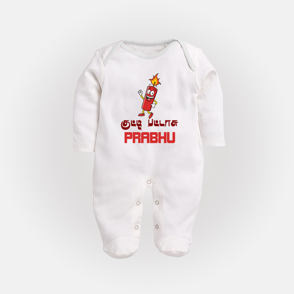 Kutty Pattas Sleep suit | Custom Baby Sleep suit for Diwali Celebration - WHITE - New Born (Chest 7.5")