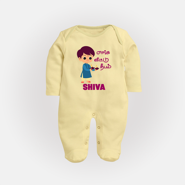 Enga Veetu Dheepam Sleep suit | Personalized Baby Sleep suit for Little Festival Star - PASTEL YELLOW - New Born (Chest 7.5")