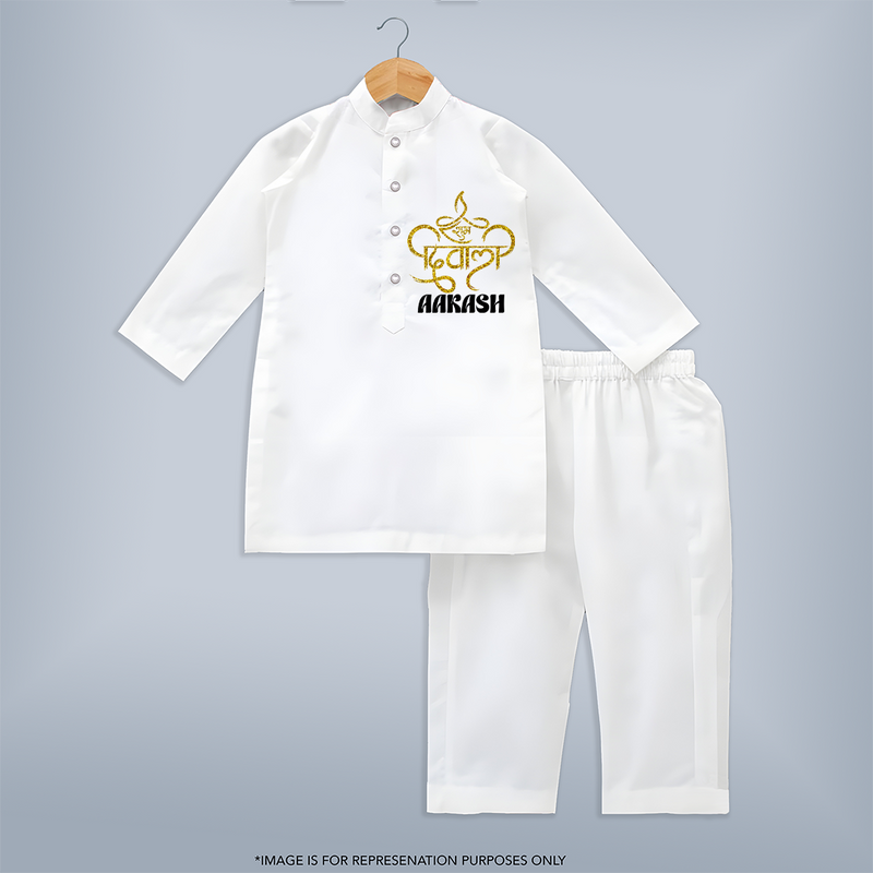 Happy Diwali Kurta set | Custom Baby Kurta set for Diwali Festivities - WHITE - 3 - 6 Months Old (Chest 24", Kurta Length 14'', Waist 19", Pant Length 14")