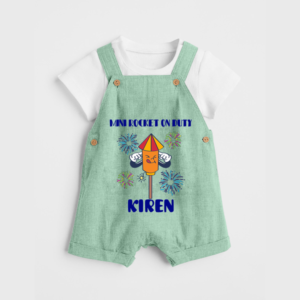 Mini Rocket on Duty Dungaree Set | Personalized Baby Dungaree Set for Diwali Celebration - MINT GREEN - 0 - 5 Months Old (Chest 18")