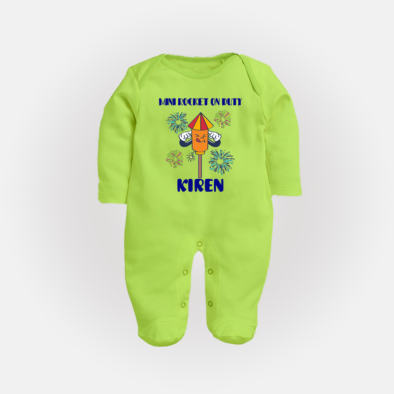Mini Rocket on Duty Sleep suit | Personalized Baby Sleep suit for Diwali Celebration - LIME GREEN - New Born (Chest 7.5")