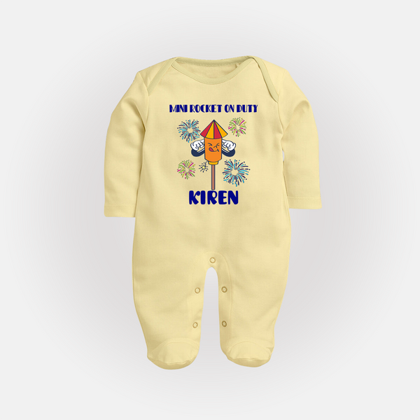 Mini Rocket on Duty Sleep suit | Personalized Baby Sleep suit for Diwali Celebration - PASTEL YELLOW - New Born (Chest 7.5")