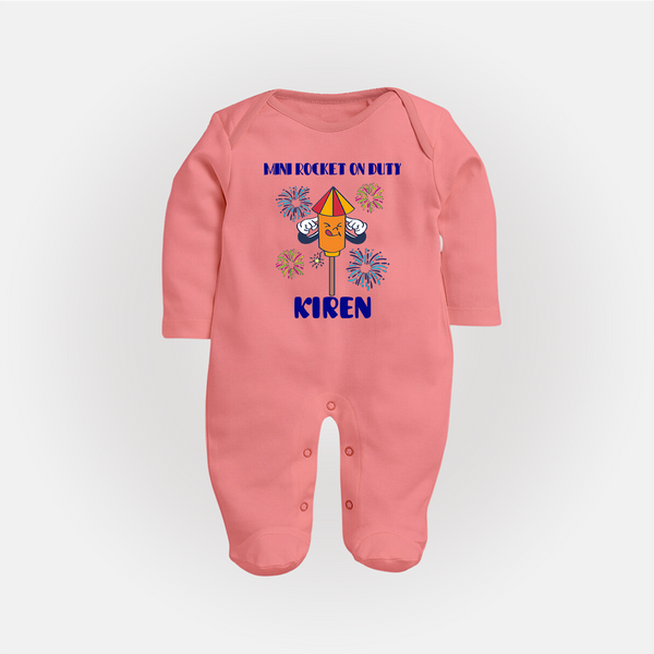 Mini Rocket on Duty Sleep suit | Personalized Baby Sleep suit for Diwali Celebration - PEACH - New Born (Chest 7.5")