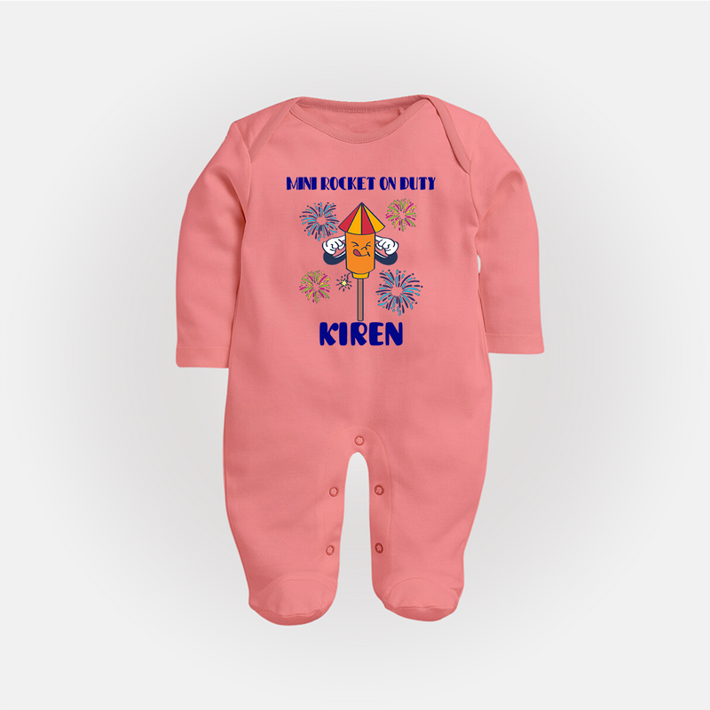 Mini Rocket on Duty Sleep suit | Personalized Baby Sleep suit for Diwali Celebration - PEACH - New Born (Chest 7.5")