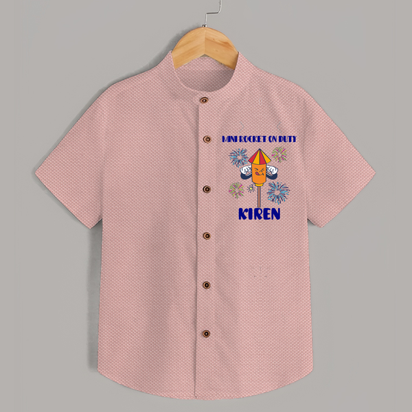 Mini Rocket on Duty Shirt | Personalized Baby Shirt for Diwali Celebration - PEACH - 0 - 6 Months Old (Chest 23")