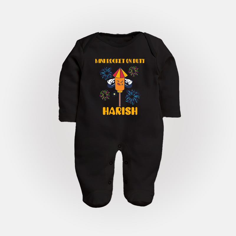 Mini Rocket on Duty Sleep suit | Personalized Baby Sleep suit for Diwali Celebration - BLACK - New Born (Chest 7.5")