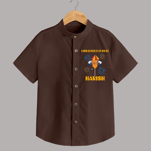 Mini Rocket on Duty Shirt | Personalized Baby Shirt for Diwali Celebration - CHOCOLATE BROWN - 0 - 6 Months Old (Chest 23")
